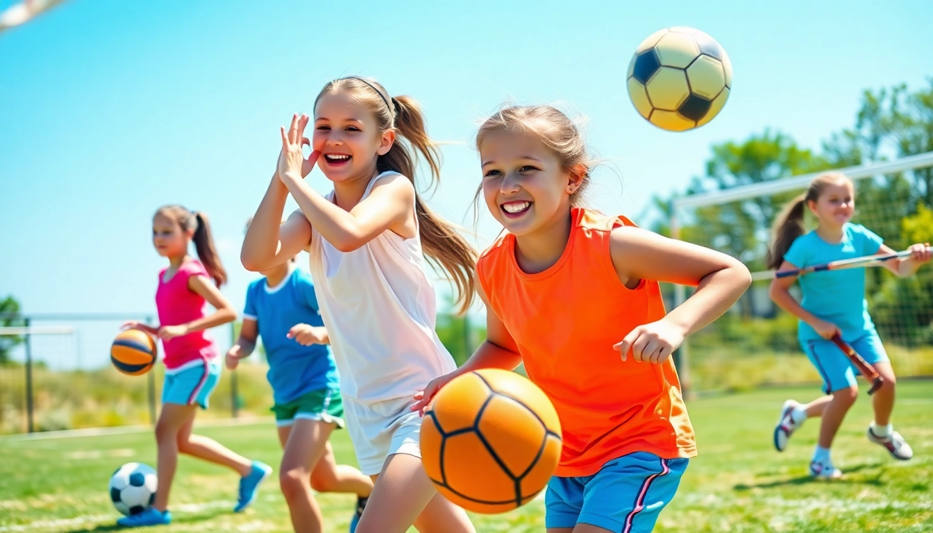 Girls enjoying Multi Sports Camps for Girls, showcasing teamwork and athleticism at a vibrant outdoor setting.