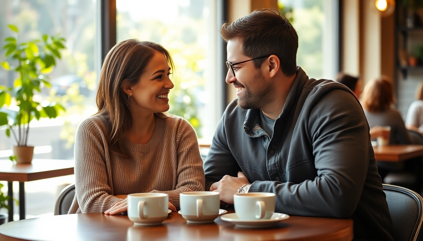 Couple communicating in relationships over coffee at a café.