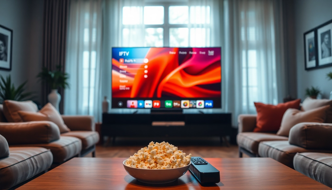 Experience IPTV subscription options in a cozy living room setup with a vibrant interface.
