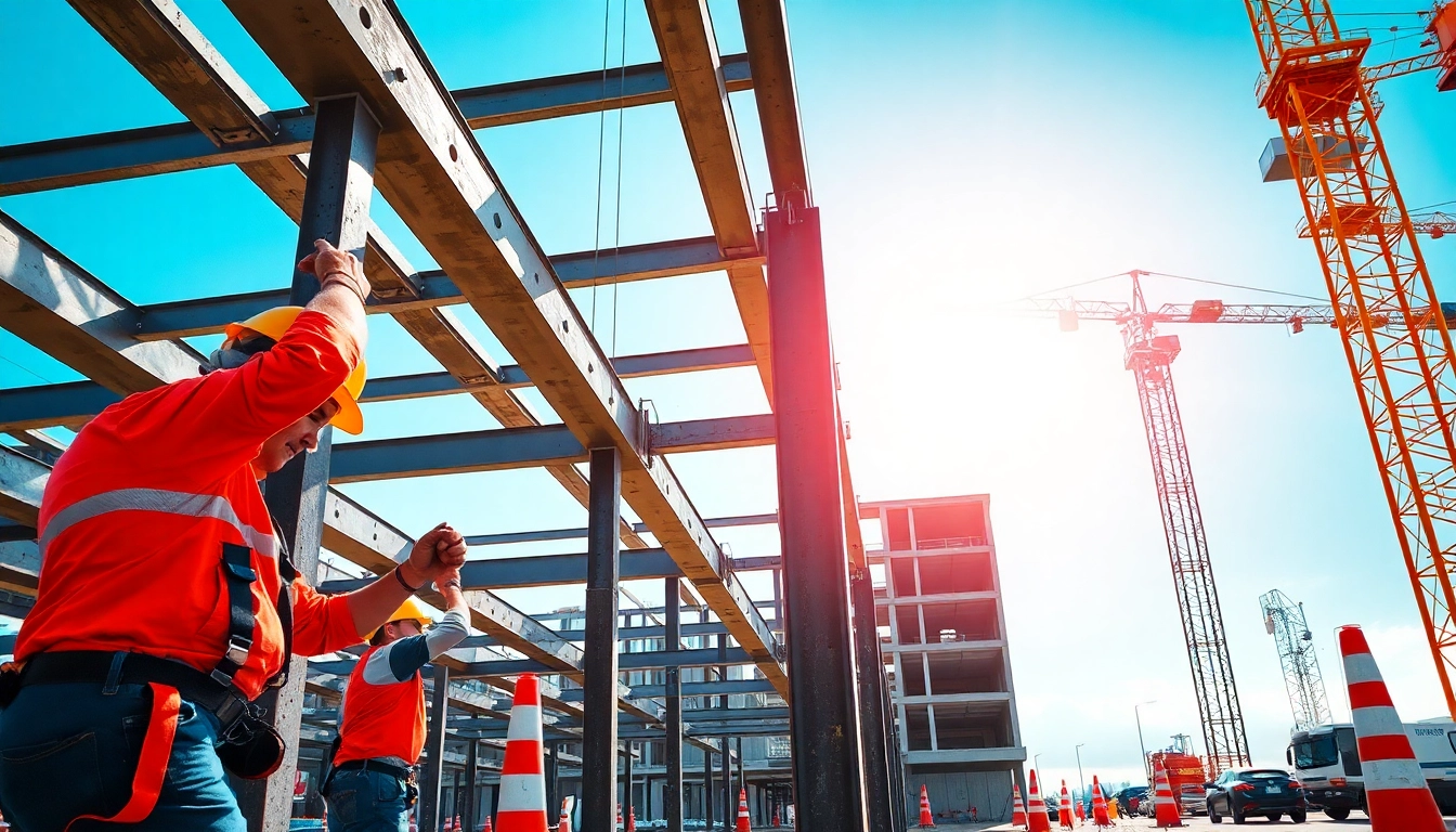 Showcasing structural steel installation with workers aligning and assembling steel beams on-site.