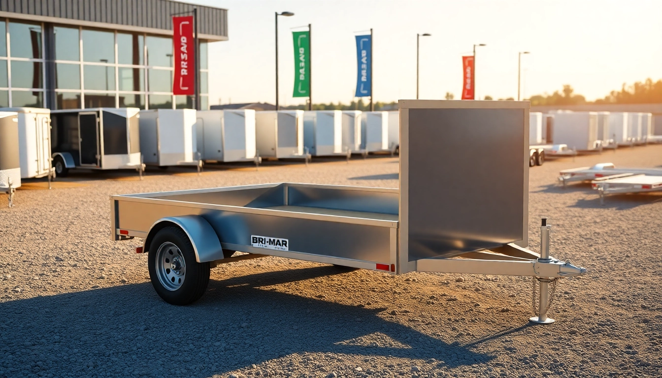 Bri-mar trailers for sale near me showcased in a dealership with bright natural lighting.