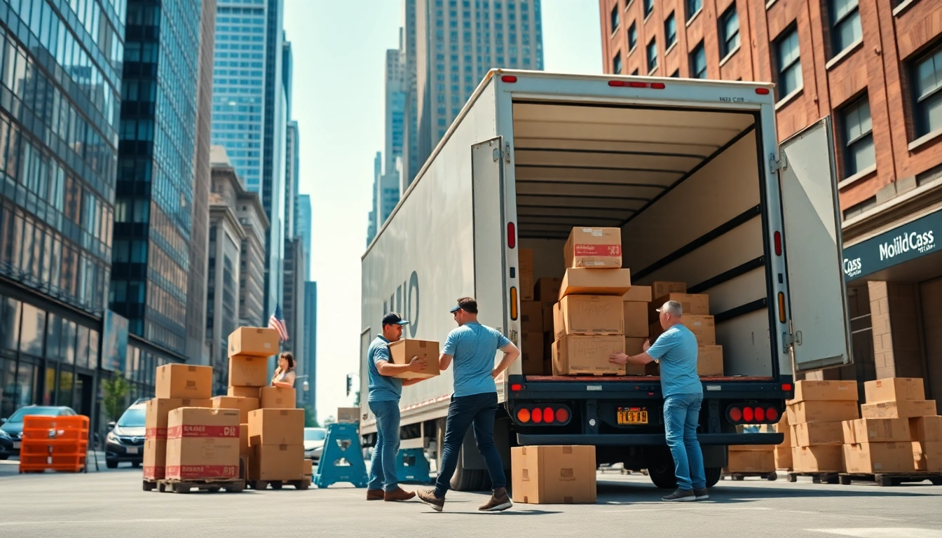Expert movers from a Moving company nyc efficiently loading boxes into a truck on a bustling city street.