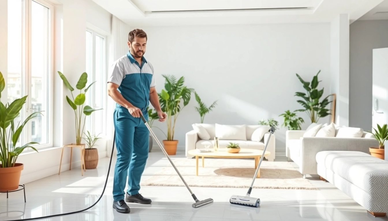 Efficient team providing deep cleaning services Dubai in a bright and sanitized living room.