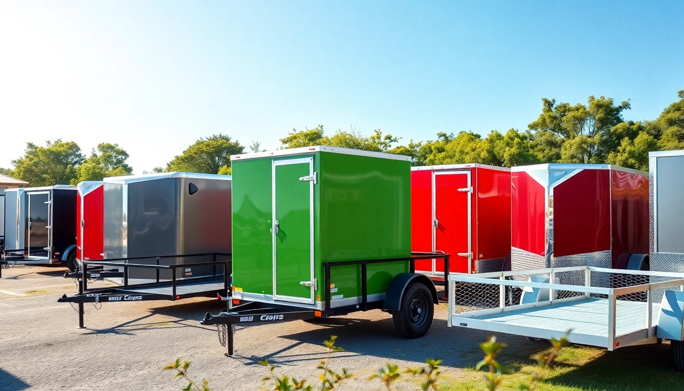 Find quality trailers near me in various styles and sizes displayed outdoors.